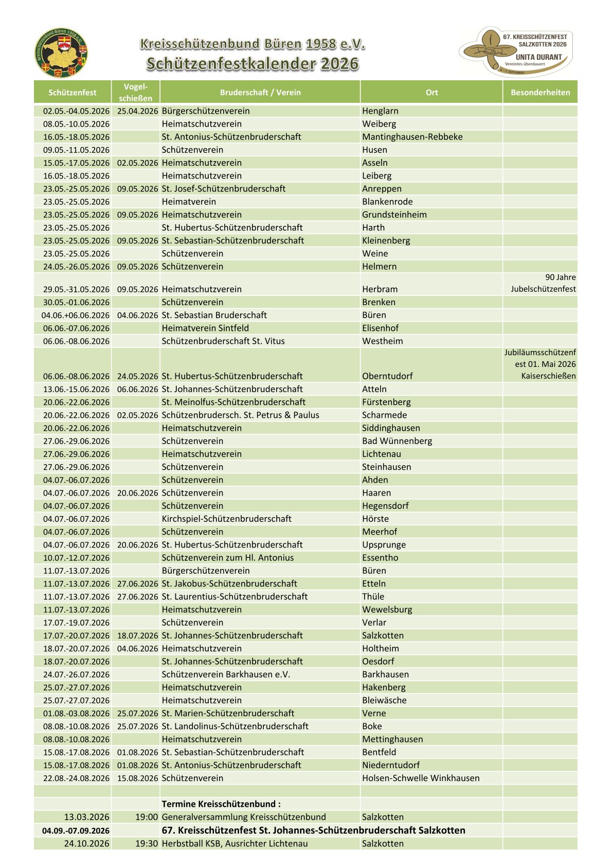 2026 Schützenfestkalender